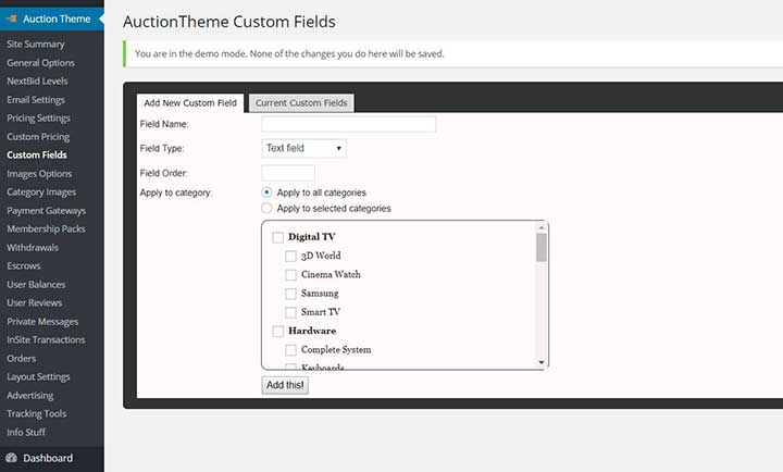 WordPress Auction Theme Settings
