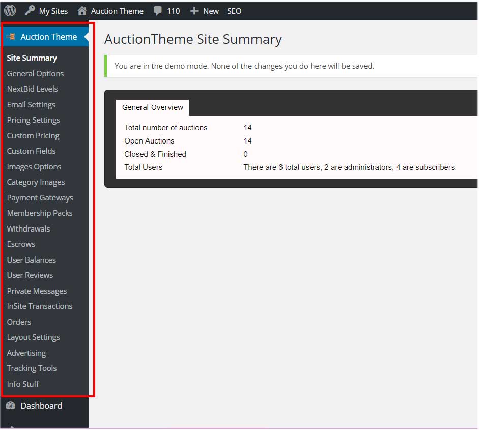 Sitemile Auction Theme Settings