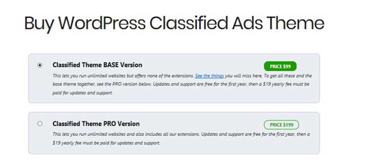 Sitemile Classified Ads Theme Pricing