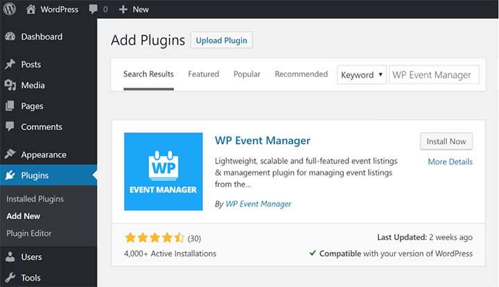 Install WP Event Manager Plugin