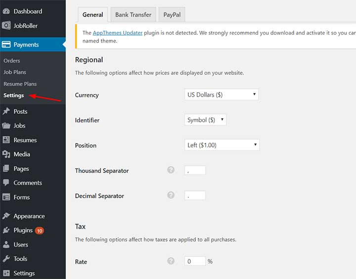 Jobroller Payment Settings