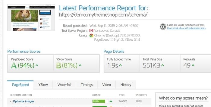 schema theme gtmetrix report