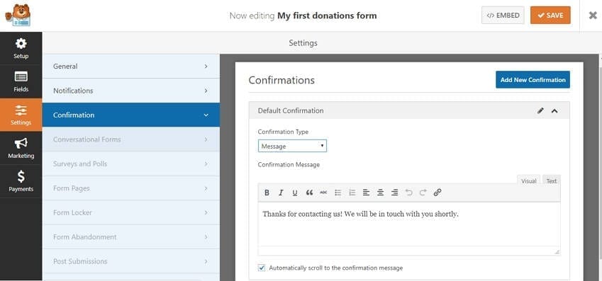 wpforms confirmation settings