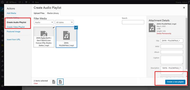 WordPress audio playlist player displaying multiple tracks