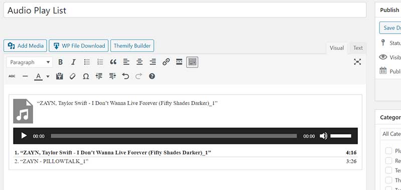 Embedded WordPress audio playlist player with track controls