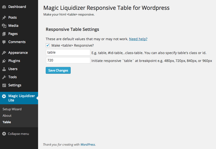 Magic Liquidizer Responsive Table interface showing a responsive WordPress data table