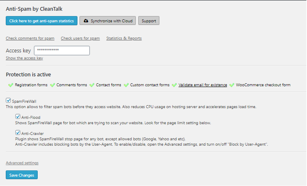 CleanTalk protection is active settings screen