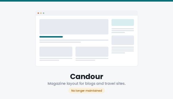 Candour WordPress Blog Theme layout: magazine-style hero, two-column post grid and a sidebar, marked no longer maintained