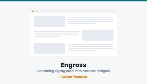 Engross Free WordPress Blog Theme layout: alternating zigzag post rows with image and text swapping sides, marked no longer maintained